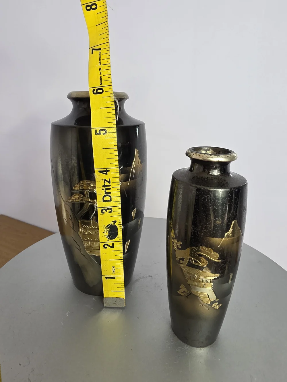 Vintage Japanese Choken Style Metal Vase Set Of 2 Beautiful Landscape Design